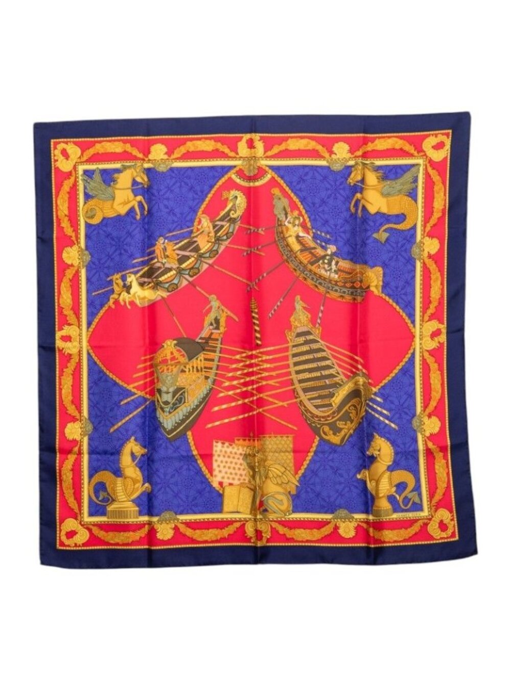 Hermes Carre 90 les Bissone de Venise Vevarnish Boat Festival Scarf Red Blue